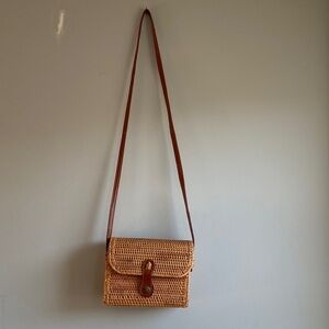 Woven Straw Crossbody Bag with Brown Leather Strap